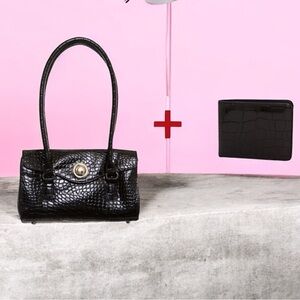 Elegant Black Croc-Embossed Handbag & Wallet